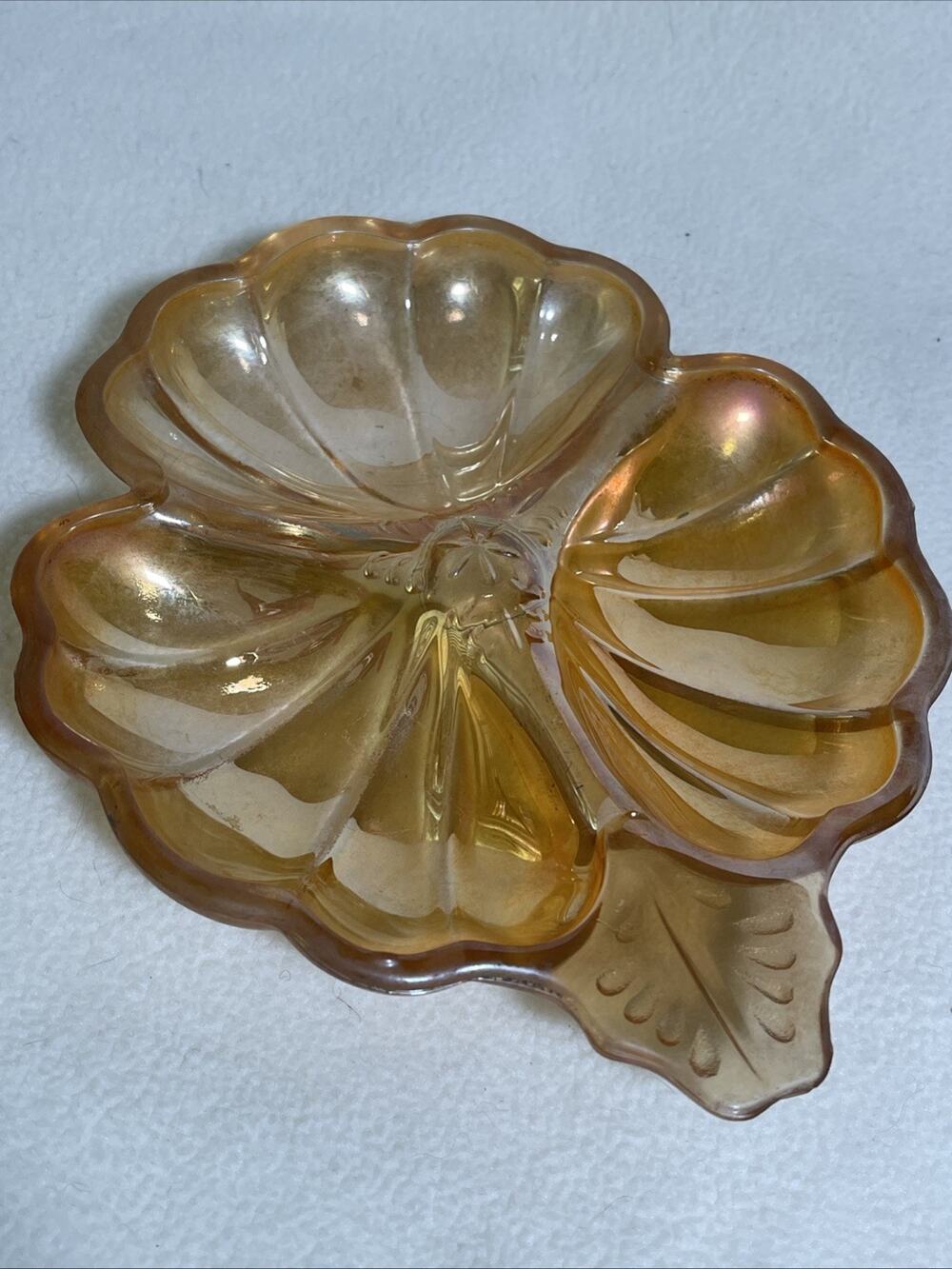 VTG Jeannette Glass Marigold Carnival Glass Doric Pattern Clover Nut Dish